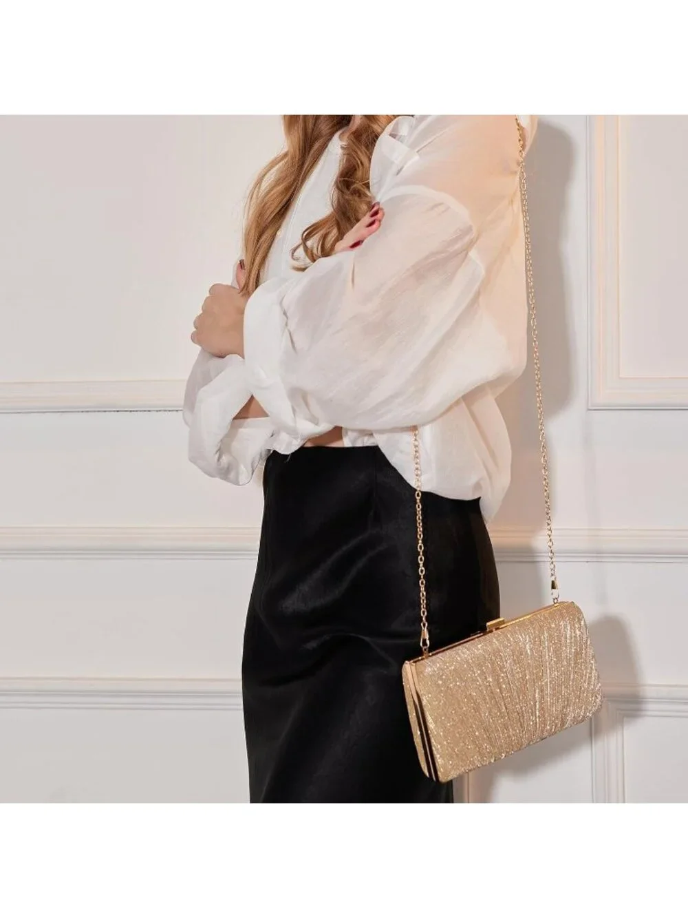 Women's Gold Pleated Evening Handbag with Chain Prom Classic Clutch Purses